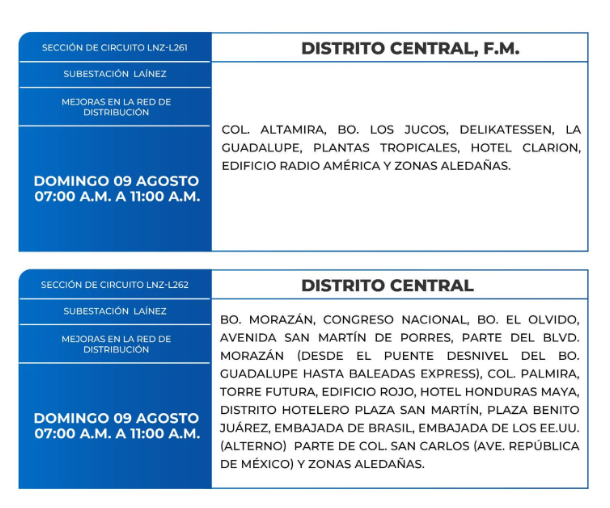 Lista de colonias que no tendrán luz este domingo debido a cortes de energía eléctrica programados por la ENEE