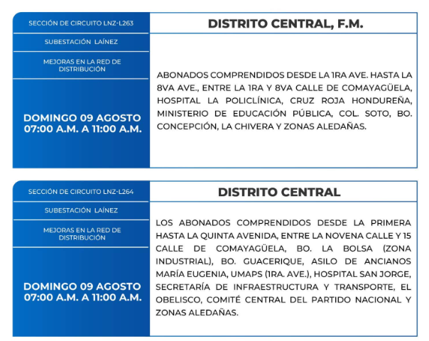 Lista de colonias que no tendrán luz este domingo debido a cortes de energía eléctrica programados por la ENEE