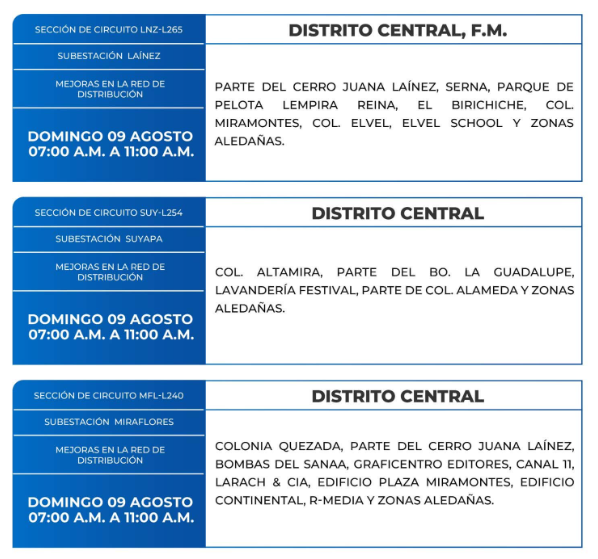 Lista de colonias que no tendrán luz este domingo debido a cortes de energía eléctrica programados por la ENEE