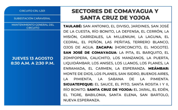 Lista de colonias que no tendrán luz este jueves debido a cortes de energía eléctrica programados por la ENEE
