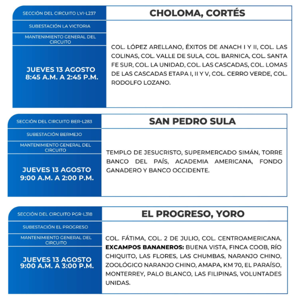 Lista de colonias que no tendrán luz este jueves debido a cortes de energía eléctrica programados por la ENEE