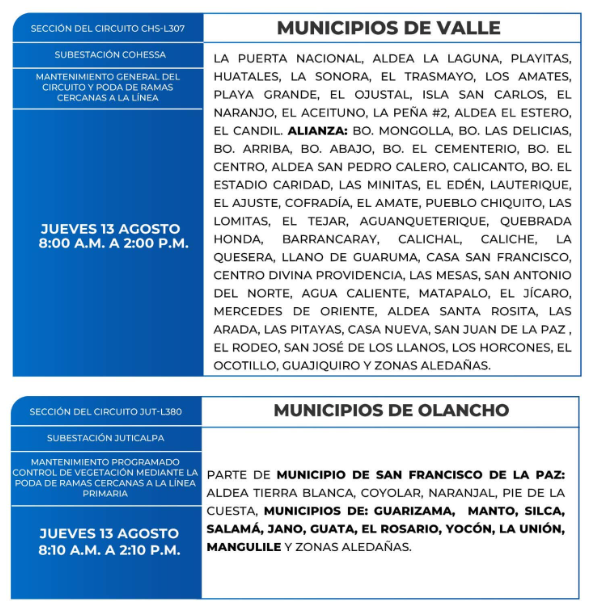 Lista de colonias que no tendrán luz este jueves debido a cortes de energía eléctrica programados por la ENEE