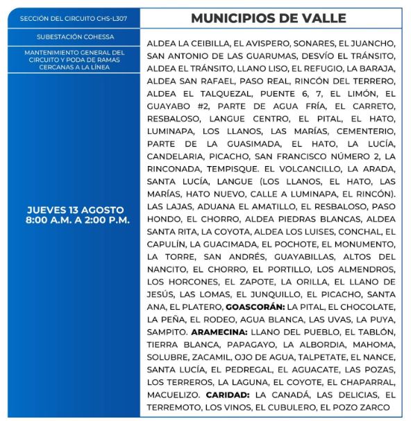 Lista de colonias que no tendrán luz este jueves debido a cortes de energía eléctrica programados por la ENEE