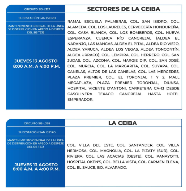 Lista de colonias que no tendrán luz este jueves debido a cortes de energía eléctrica programados por la ENEE