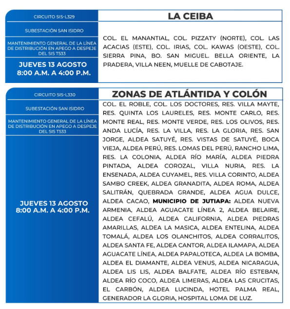 Lista de colonias que no tendrán luz este jueves debido a cortes de energía eléctrica programados por la ENEE