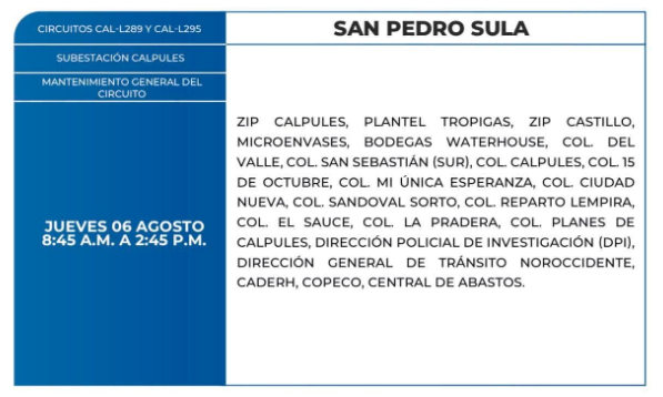 Lista de colonias que no tendrán luz este jueves debido a cortes de energía eléctrica programados por la ENEE