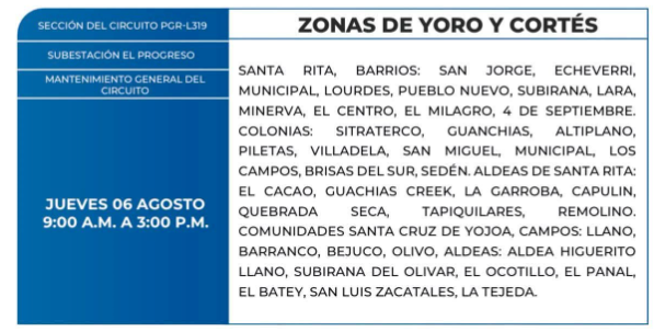 Lista de colonias que no tendrán luz este jueves debido a cortes de energía eléctrica programados por la ENEE