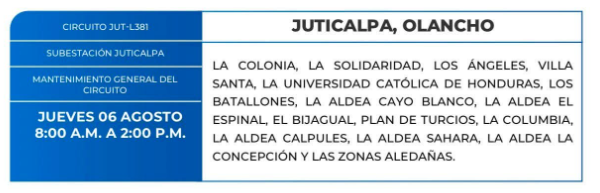 Lista de colonias que no tendrán luz este jueves debido a cortes de energía eléctrica programados por la ENEE
