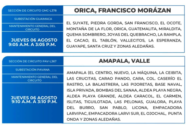 Lista de colonias que no tendrán luz este jueves debido a cortes de energía eléctrica programados por la ENEE