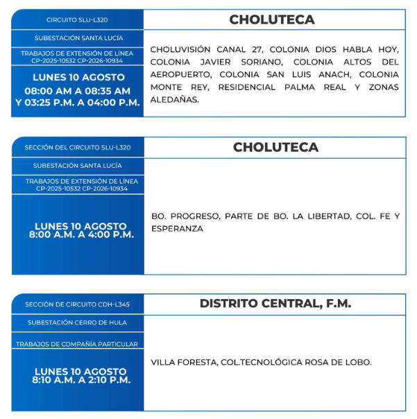 Lista de colonias que no tendrán luz este lunes debido a cortes de energía eléctrica programados por la ENEE