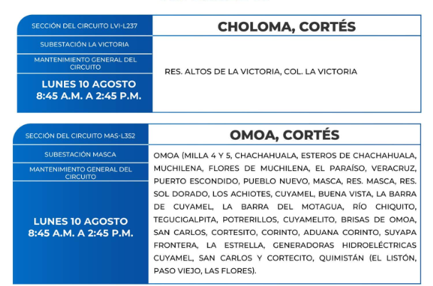Lista de colonias que no tendrán luz este lunes debido a cortes de energía eléctrica programados por la ENEE