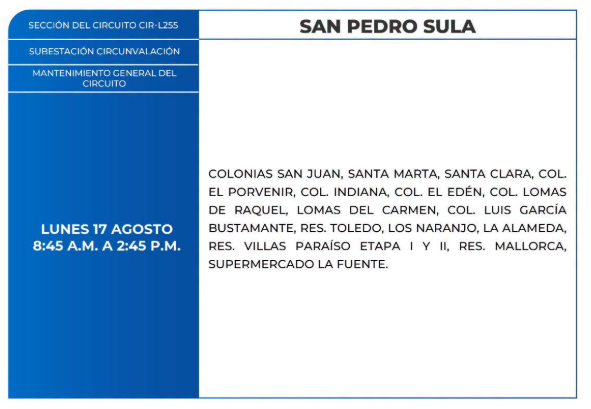 Lista de colonias que no tendrán luz este lunes debido a cortes de energía eléctrica programados por la ENEE