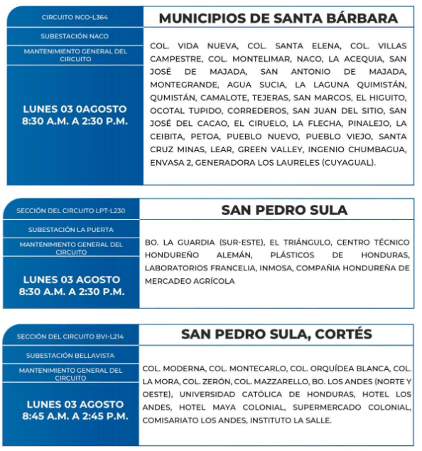 Lista de colonias que no tendrán luz este lunes debido a cortes de energía eléctrica programados por la ENEE