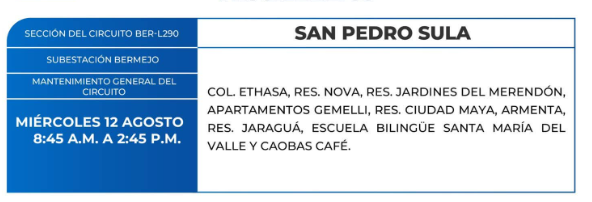Lista de colonias que no tendrán luz este miércoles debido a cortes de energía eléctrica programados por la ENEE
