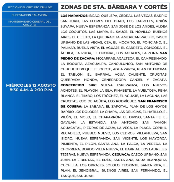 Lista de colonias que no tendrán luz este miércoles debido a cortes de energía eléctrica programados por la ENEE
