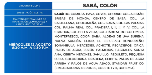 Lista de colonias que no tendrán luz este miércoles debido a cortes de energía eléctrica programados por la ENEE