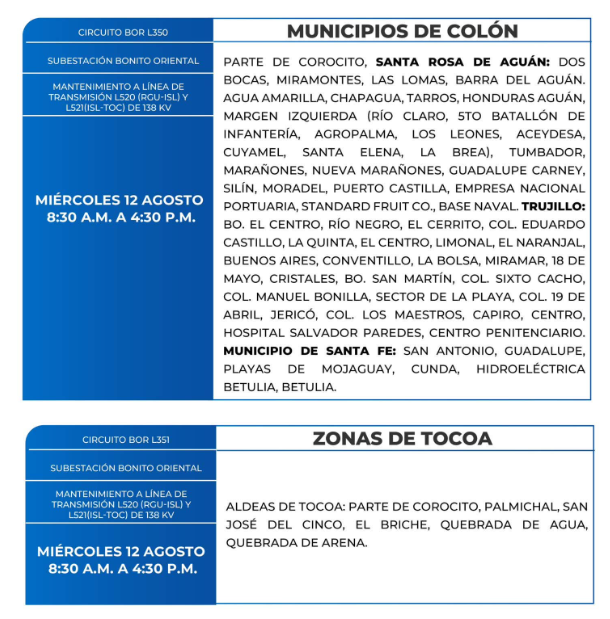 Lista de colonias que no tendrán luz este miércoles debido a cortes de energía eléctrica programados por la ENEE