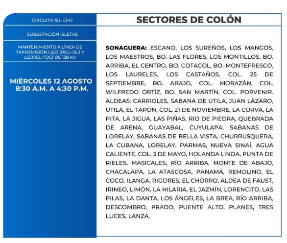 Lista de colonias que no tendrán luz este miércoles debido a cortes de energía eléctrica programados por la ENEE