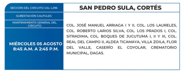 Lista de colonias que no tendrán luz este miércoles debido a cortes de energía eléctrica programados por la ENEE