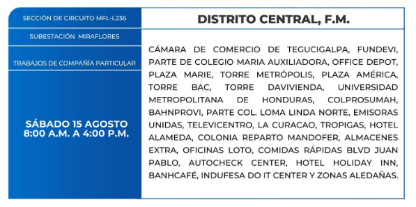 Lista de colonias que no tendrán luz este sábado debido a cortes de energía eléctrica programados por la ENEE