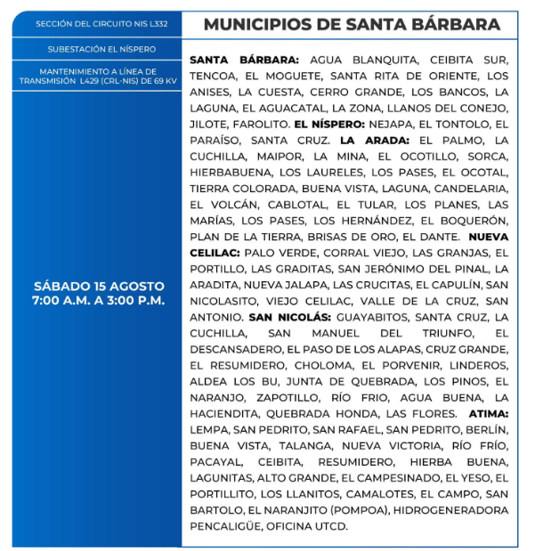 Lista de colonias que no tendrán luz este sábado debido a cortes de energía eléctrica programados por la ENEE
