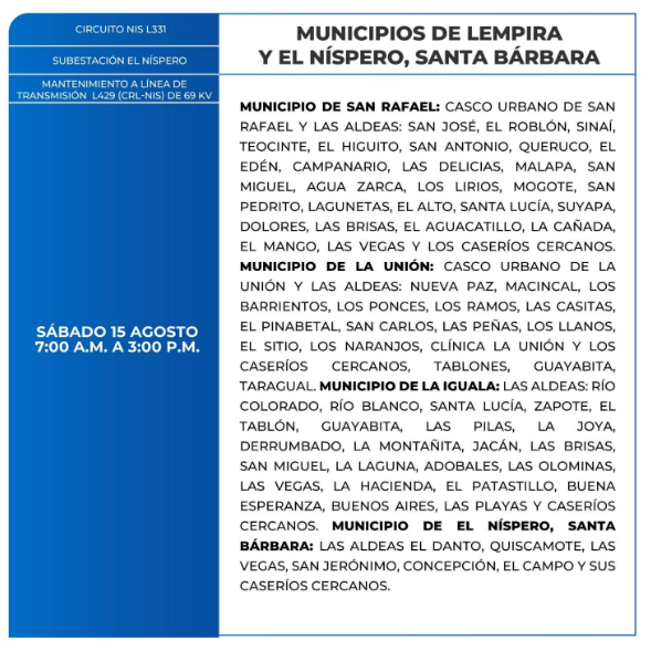 Lista de colonias que no tendrán luz este sábado debido a cortes de energía eléctrica programados por la ENEE