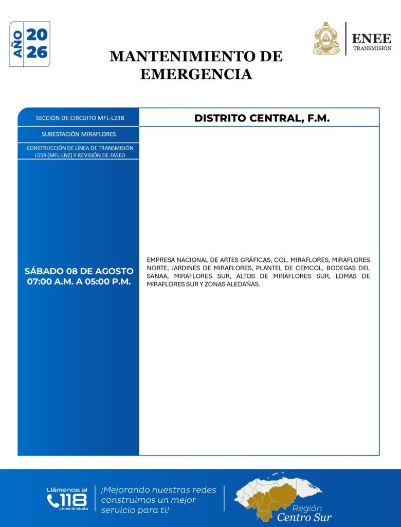 Lista de colonias que no tendrán luz este sábado debido a cortes de energía eléctrica programados por la ENEE