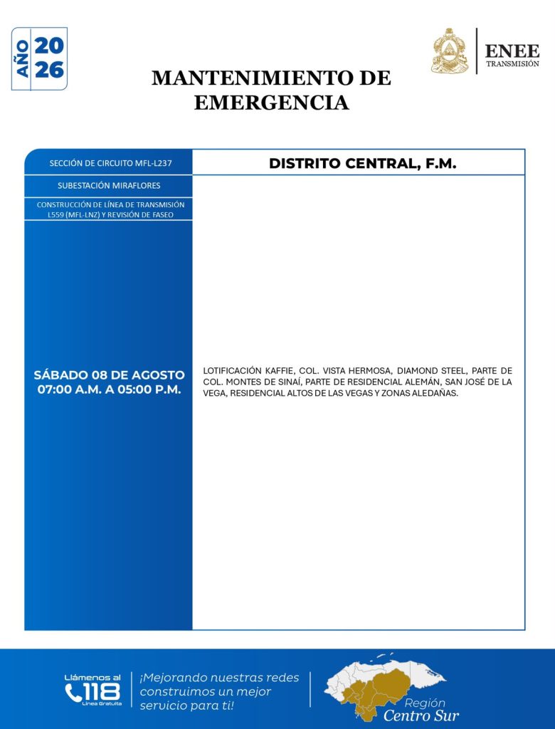 Lista de colonias que no tendrán luz este sábado debido a cortes de energía eléctrica programados por la ENEE