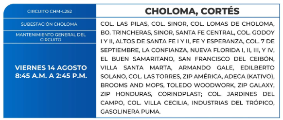 Lista de colonias que no tendrán luz este viernes debido a cortes de energía eléctrica programados por la ENEE