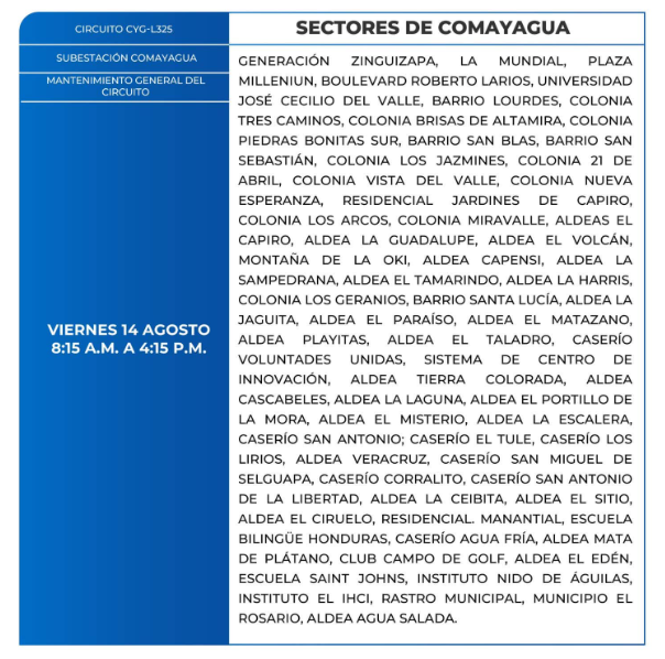 Lista de colonias que no tendrán luz este viernes debido a cortes de energía eléctrica programados por la ENEE
