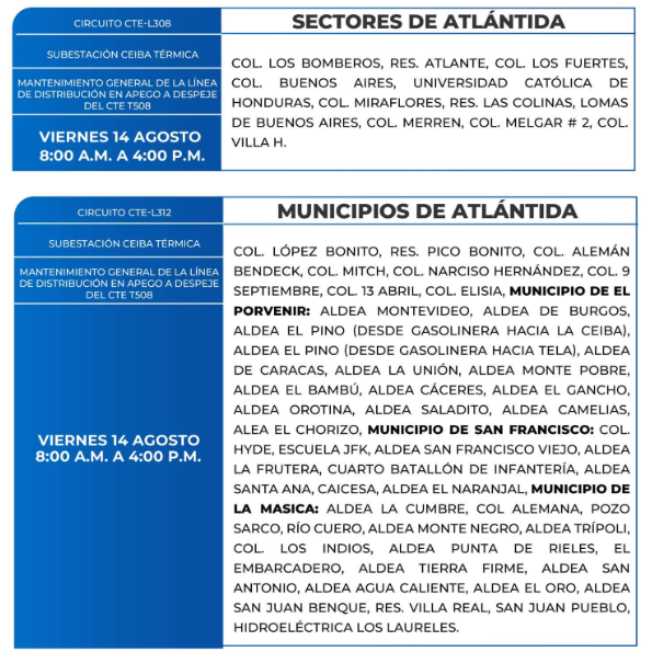 Lista de colonias que no tendrán luz este viernes debido a cortes de energía eléctrica programados por la ENEE