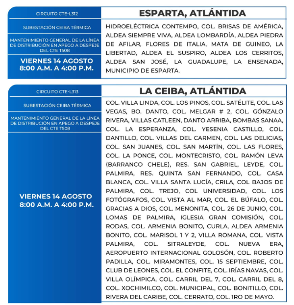 Lista de colonias que no tendrán luz este viernes debido a cortes de energía eléctrica programados por la ENEE