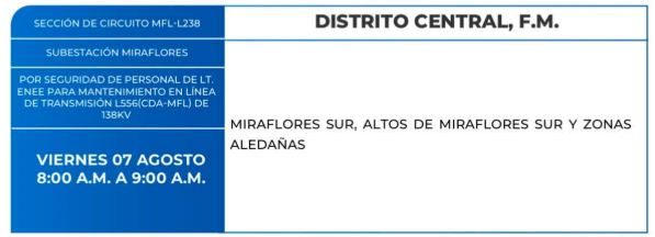 Lista de colonias que no tendrán luz este viernes debido a cortes de energía eléctrica programados por la ENEE
