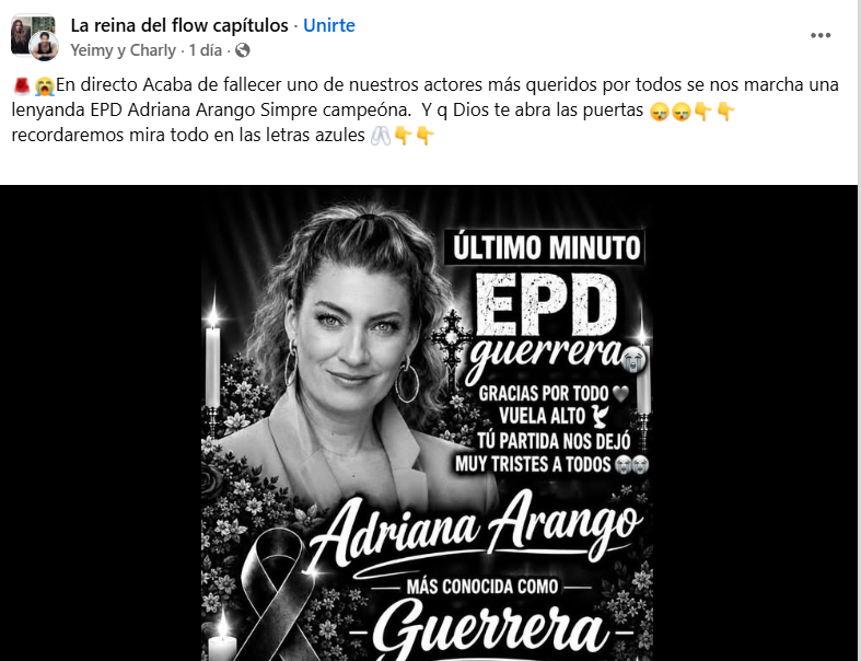 Captura de pantalla de una publicación que muestra una de las noticias falsas que indican que Adriana Arango murió hoy 2026, aunque no es verdad que la actriz falleció porque está viva
