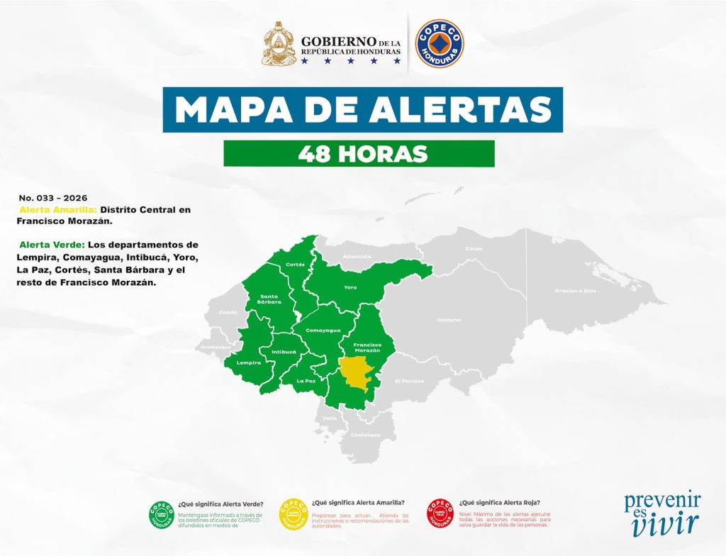 Mapa de alertas vigentes en Honduras por lluvias
