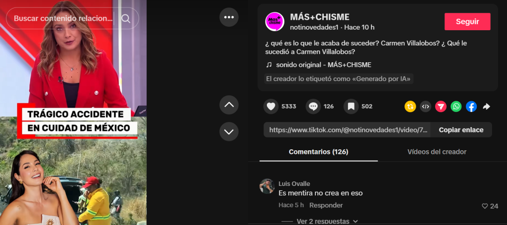 Captura de pantalla de una publicación que muestra una de las noticias falsas que indican que Carmen Villalobos murió hoy 2026, aunque no es verdad que la actriz falleció en un accidente en México porque está viva