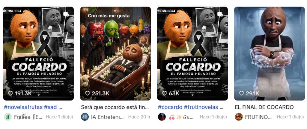 Captura de pantalla de publicaciones que indican que murió Cocardo hoy 2026, aunque no es verdad que el personaje de frutinovela falleció porque está vivo