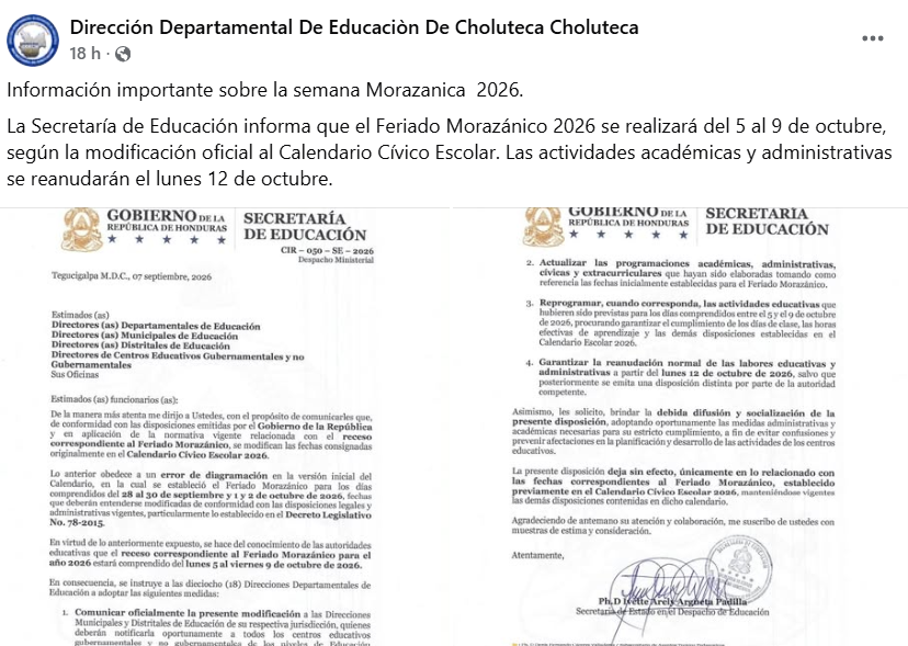 Captura de pantalla de una publicación sobre cuándo es el feriado de la Semana Morazánica 2026 para estudiantes en Honduras