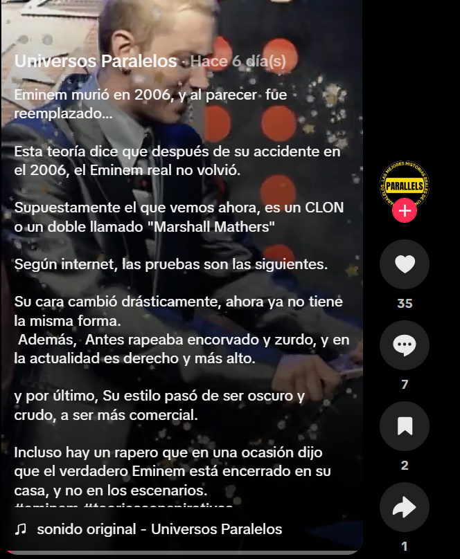 Captura de pantalla de una publicación en la que se lee una de las noticias falsas que indican que Eminem Murió, aunque no es verdad que falleció hoy 2026 porque está vivo