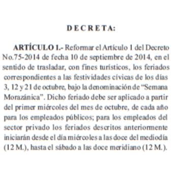 Decreto legislativo sobre el Feriado Morazánico en Honduras
