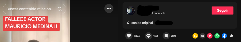 Captura de pantalla de una publicación difundida que indica que murió el actor Mauricio Medina, lo que llevó a creer que falleció El Indio hoy 2026, aunque no es verdad porque el exintegrante de Dinamita Show sigue vivo