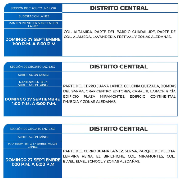 Lista de colonias que no tendrán luz este domingo debido a cortes de energía eléctrica programados por la ENEE