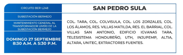 Lista de colonias que no tendrán luz este domingo debido a cortes de energía eléctrica programados por la ENEE