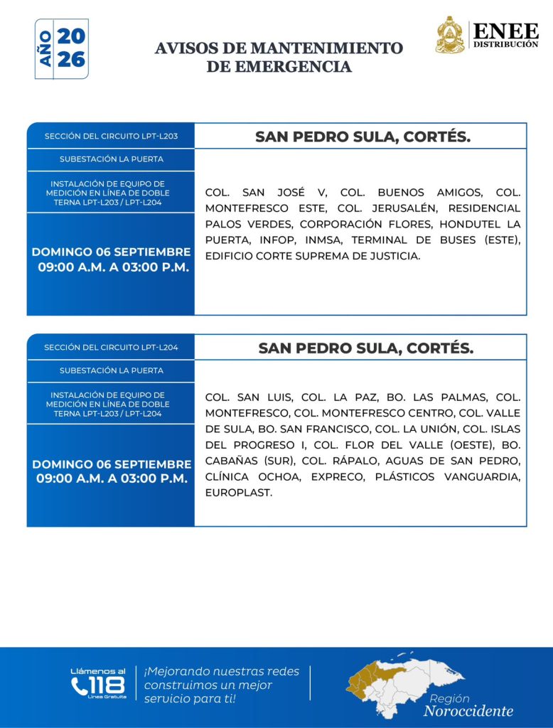Lista de colonias que no tendrán luz este domingo debido a cortes de energía eléctrica programados por la ENEE