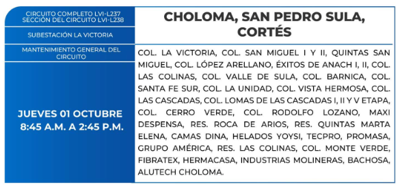 Lista de colonias que no tendrán luz este jueves debido a cortes de energía eléctrica programados por la ENEE