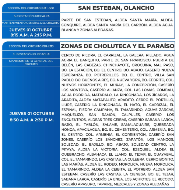 Lista de colonias que no tendrán luz este jueves debido a cortes de energía eléctrica programados por la ENEE