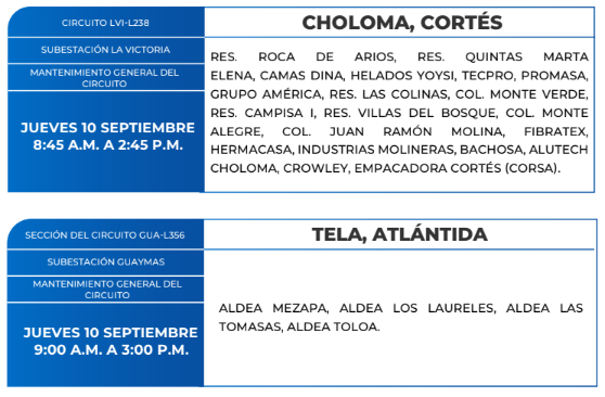 Lista de colonias que no tendrán luz este jueves debido a cortes de energía eléctrica programados por la ENEE