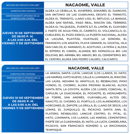 Lista de colonias que no tendrán luz este jueves debido a cortes de energía eléctrica programados por la ENEE