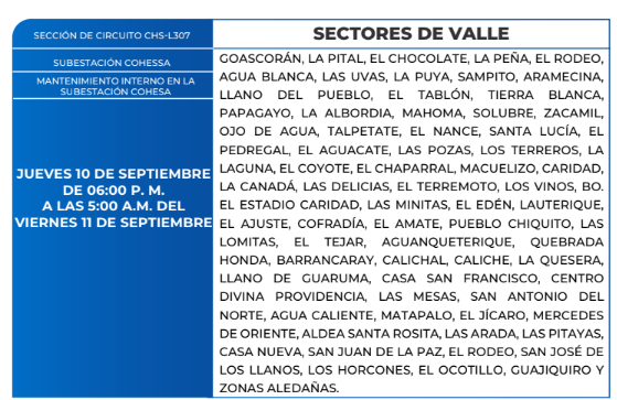 Lista de colonias que no tendrán luz este jueves debido a cortes de energía eléctrica programados por la ENEE