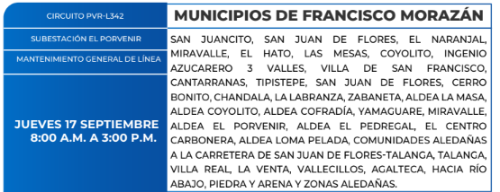 Lista de colonias que no tendrán luz este jueves debido a cortes de energía eléctrica programados por la ENEE